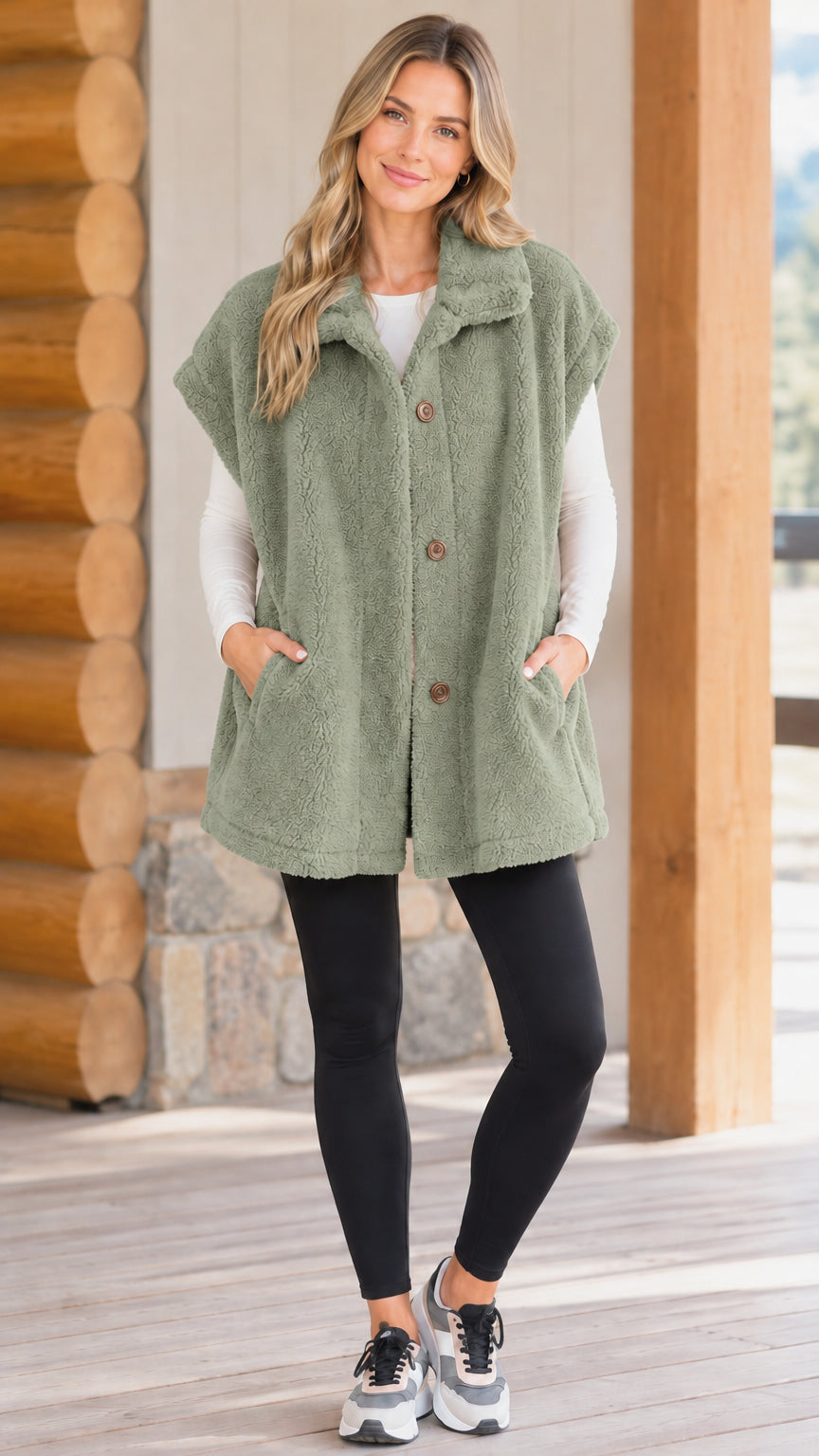 Model wearing sage green oversized fleece tunic vest with pockets