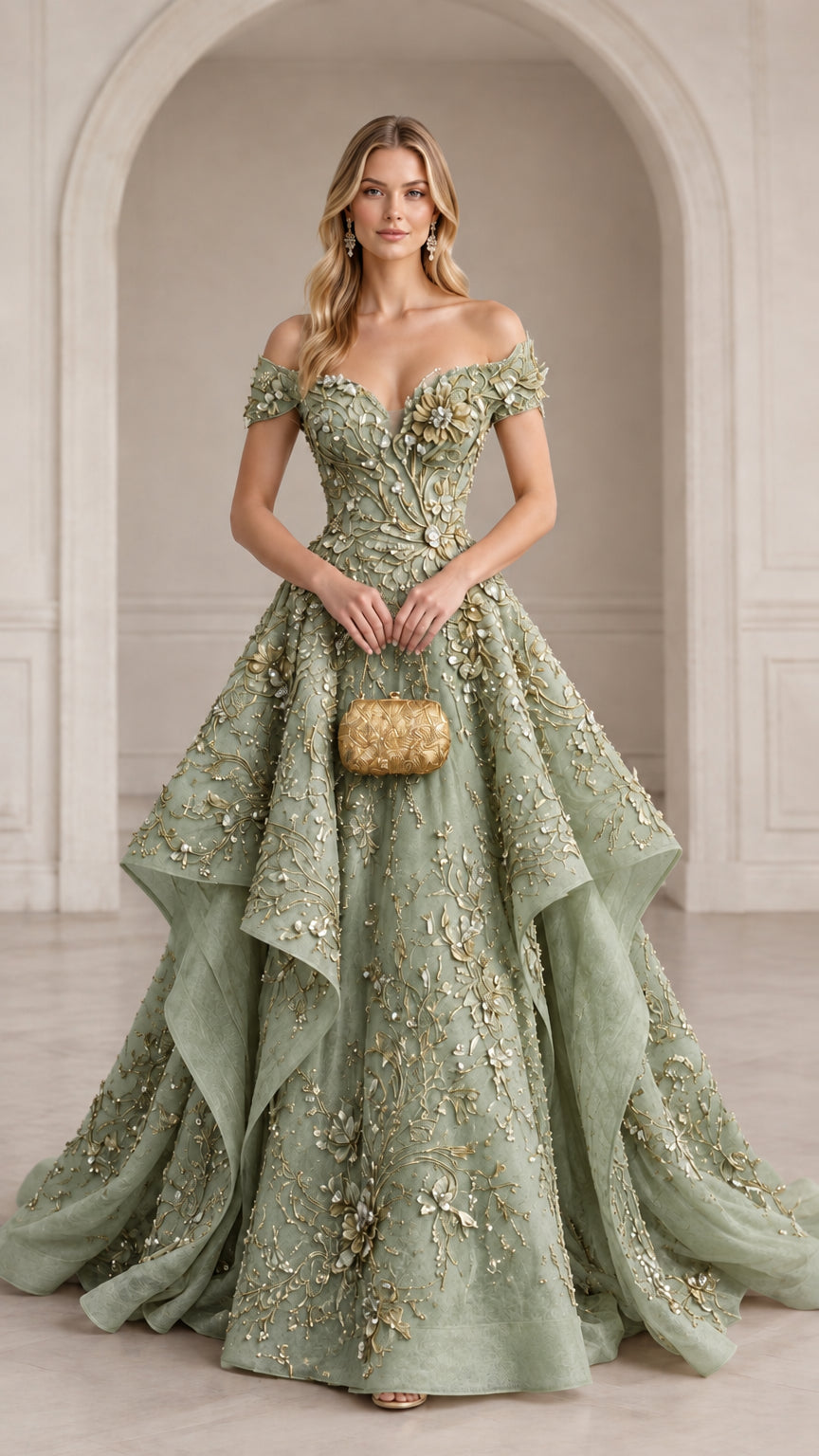 Front view of sage green off-the-shoulder 3D floral embroidered tiered ball gown