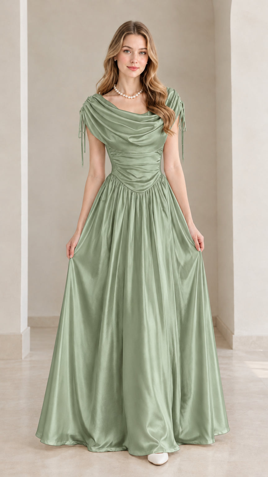 Front view of model wearing sage green cowl neck satin maxi gown