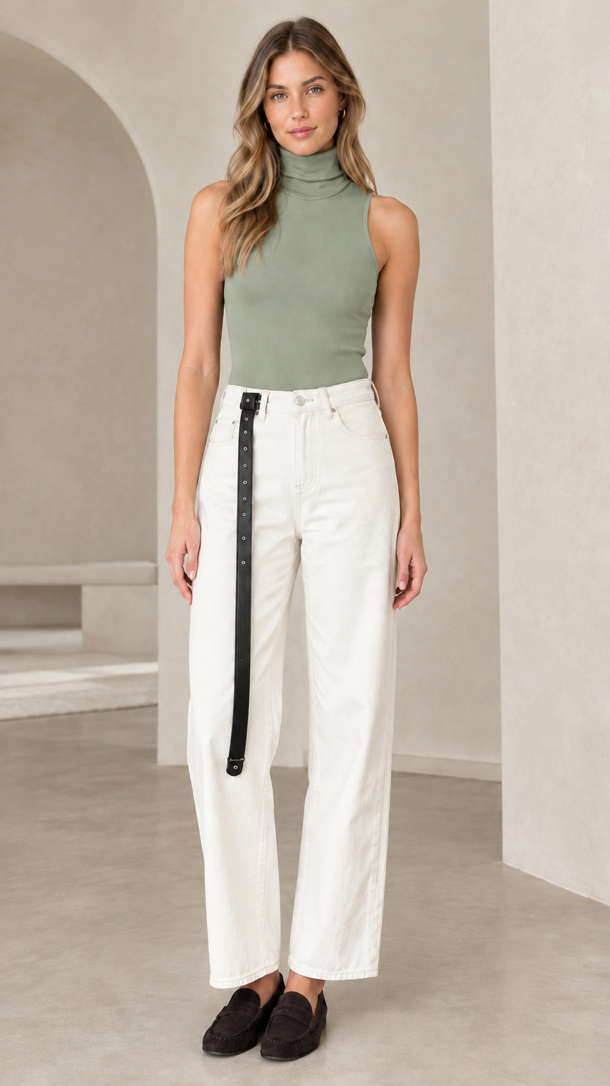 Front view of woman wearing sage green sleeveless turtleneck tank top with white trousers