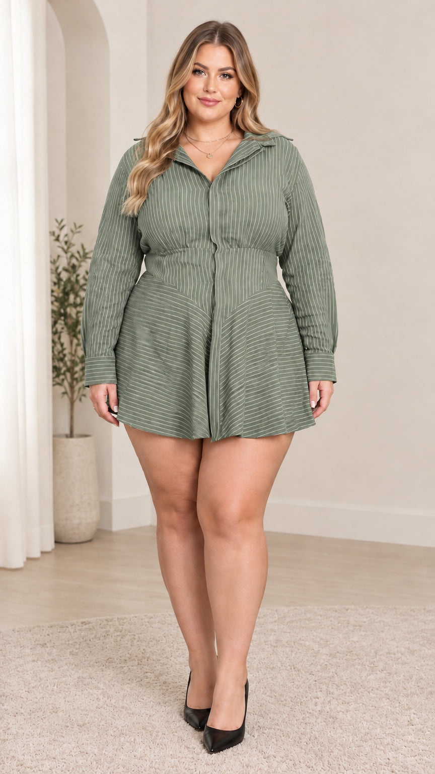 Front view of model wearing sage green striped long sleeve collared shirt dress