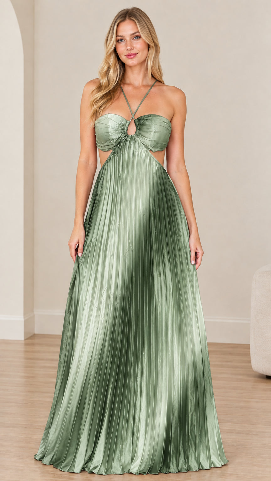 Front view of model wearing sage green pleated halter cutout maxi dress
