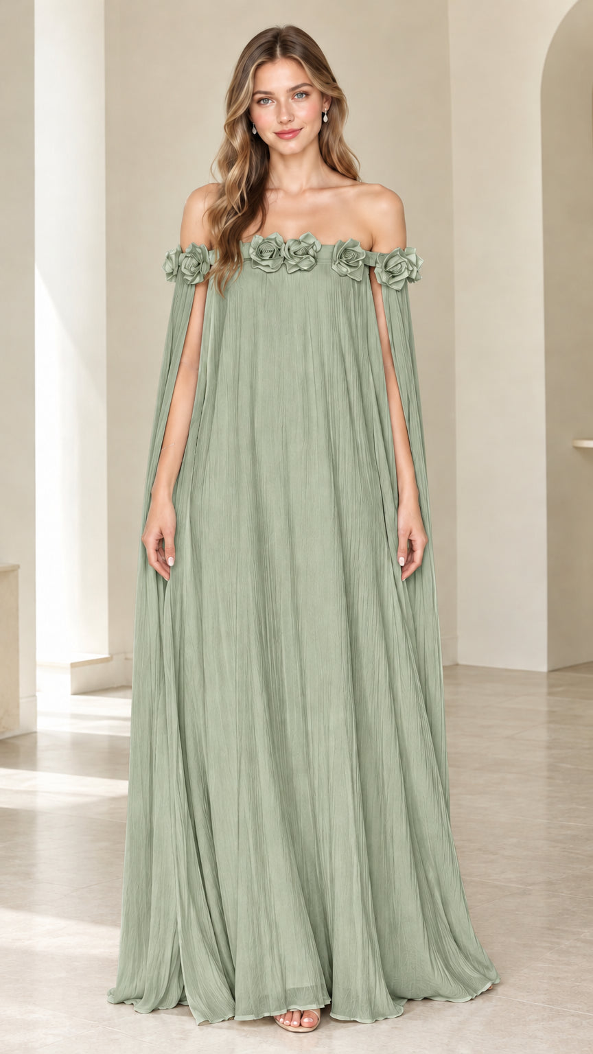 Sage Green off-the-shoulder pleated cape maxi dress with matching floral rosettes