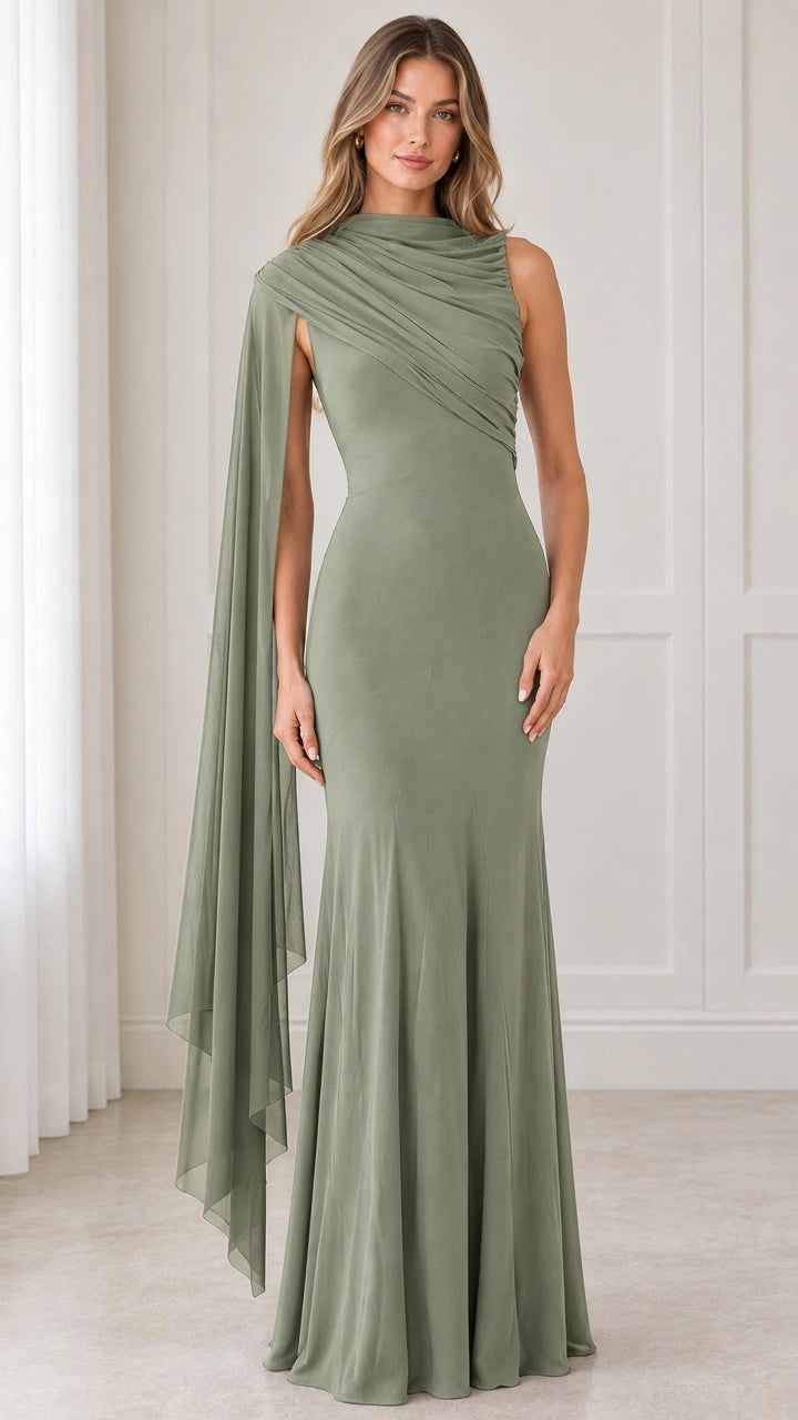 Front view of sage green asymmetric cape formal maxi dress