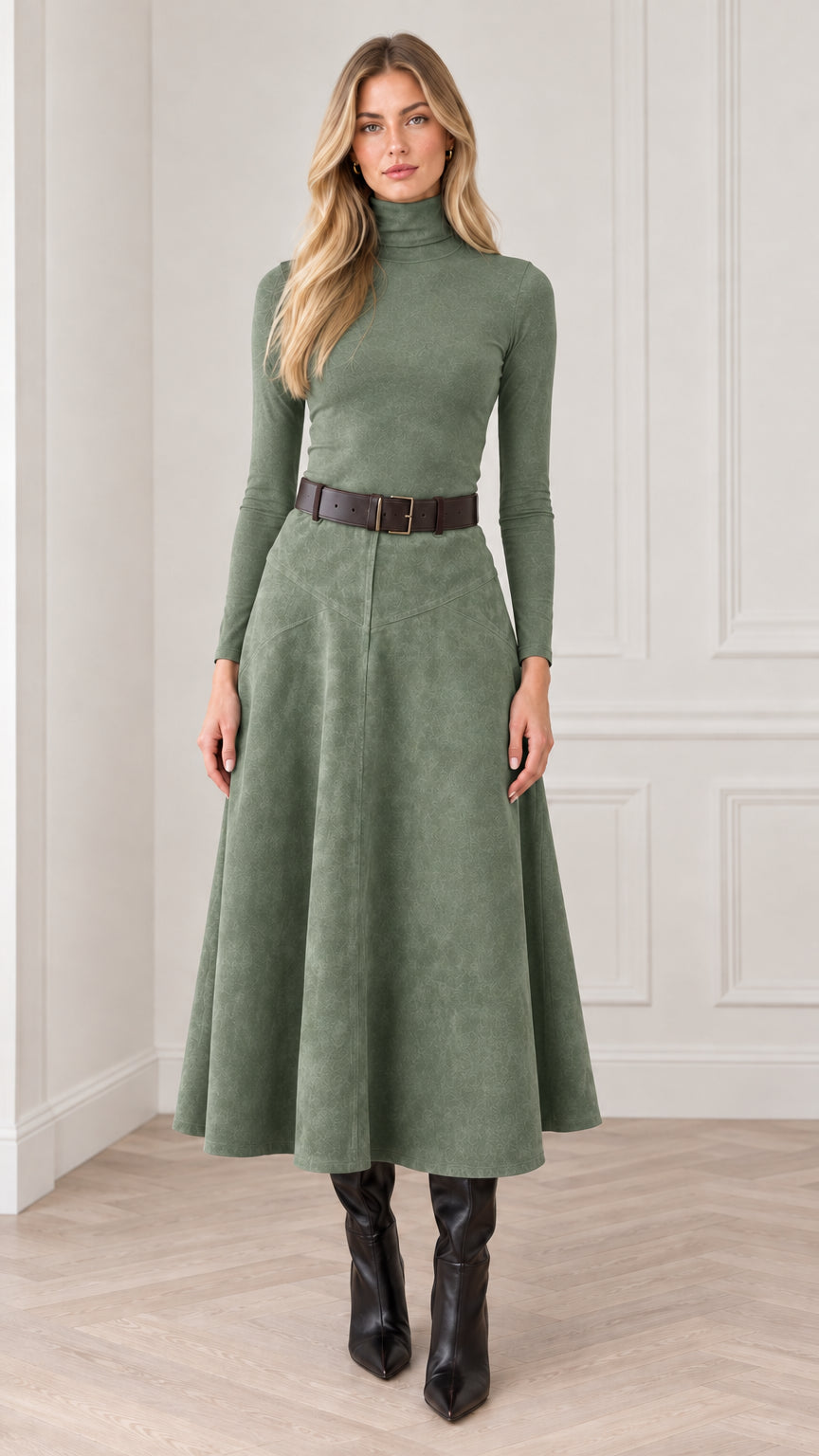 Model wearing sage green suede-touch A-line midi skirt and matching knit top