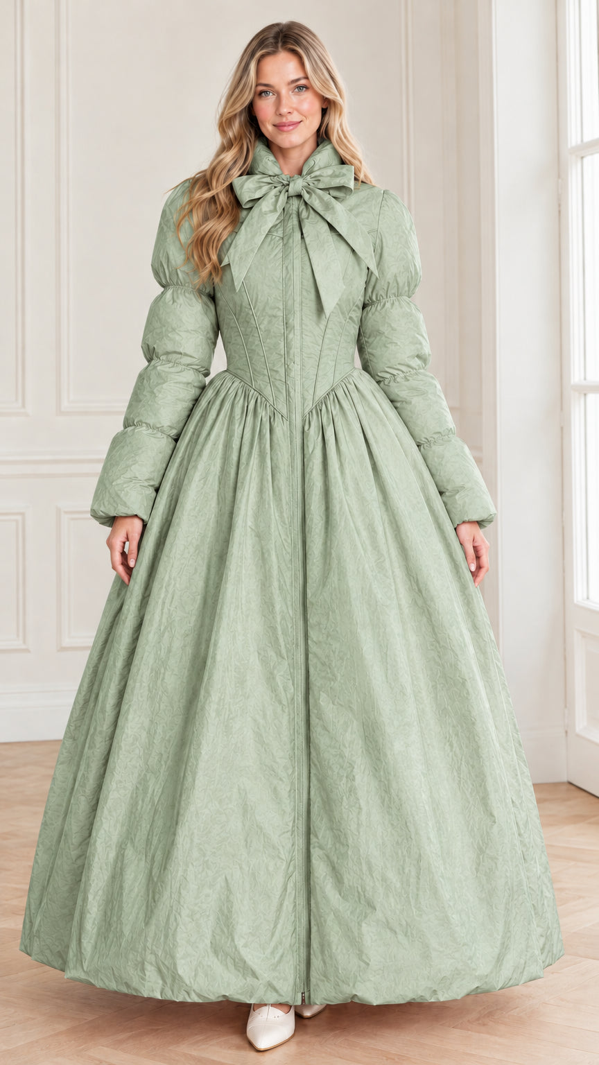 Full-length front view of model in the dramatic ballgown puffer coat in sage green