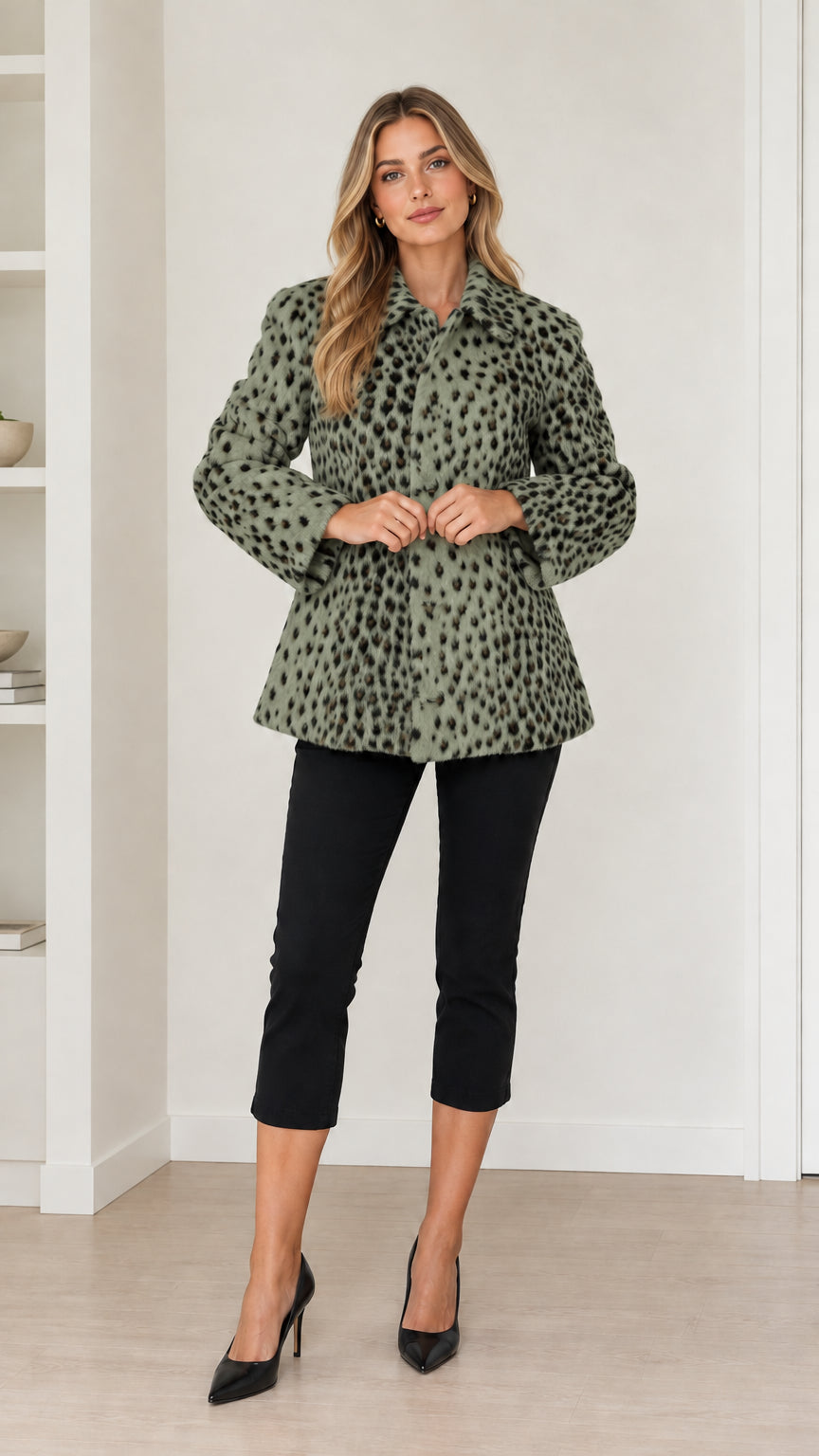Model wearing sage green and black leopard print button-front mid-length coat