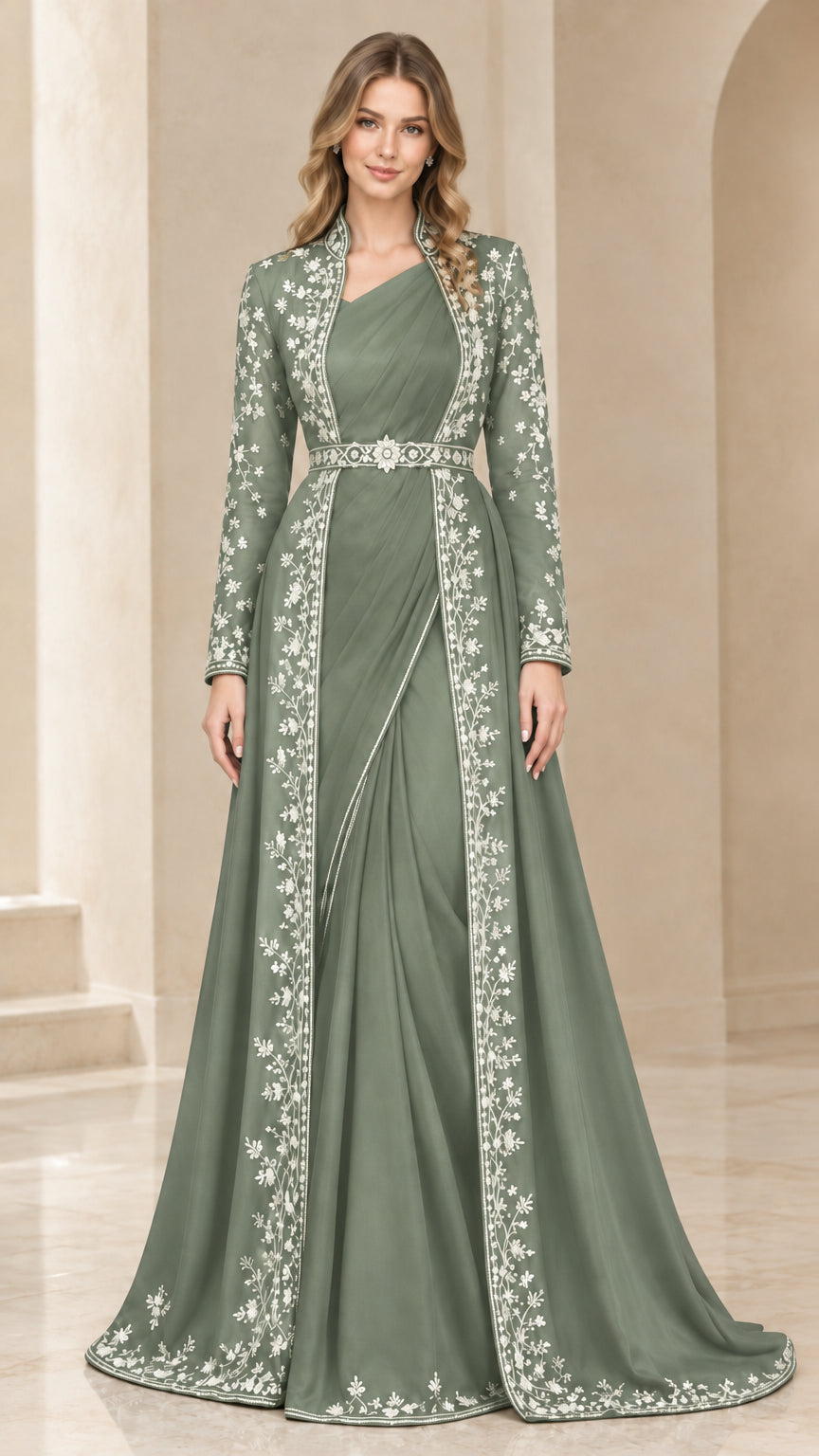 Front view of sage green embroidered evening maxi dress and open-front coat set