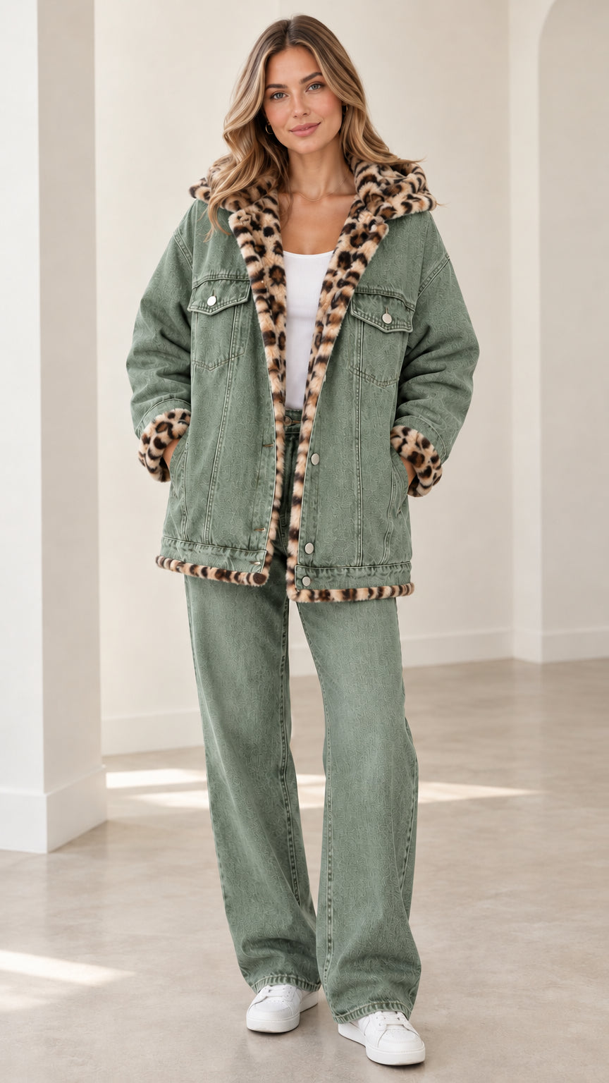 Model wearing sage green hooded denim jacket with leopard lining and sage wide-leg jeans