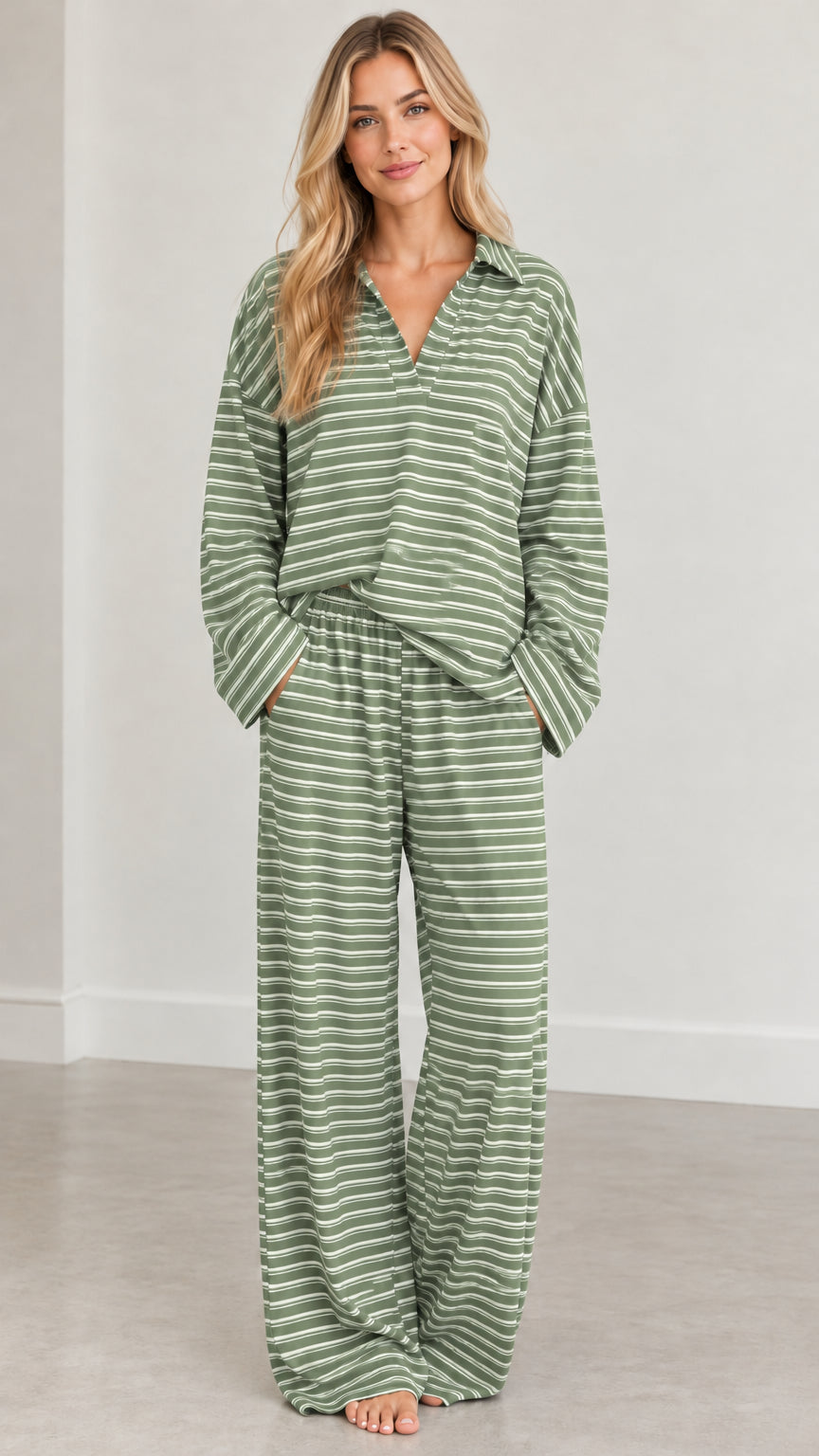 Front view of sage green and white striped two-piece loungewear set