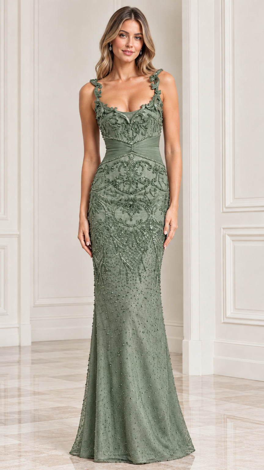 Sage green beaded floor-length mermaid formal dress