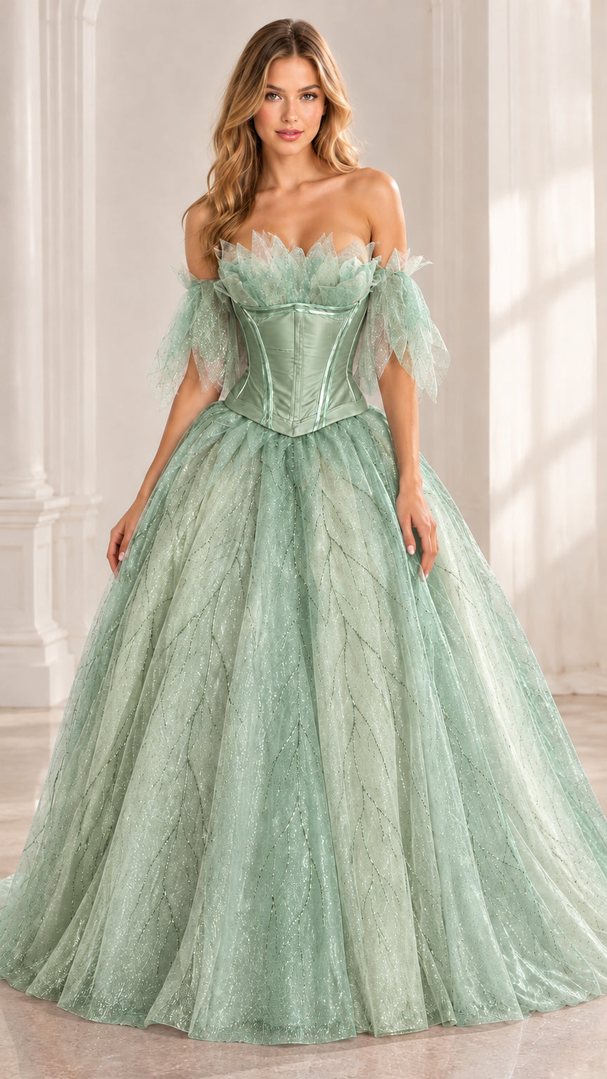 Front view of sage green glitter tulle evening gown with boned corset