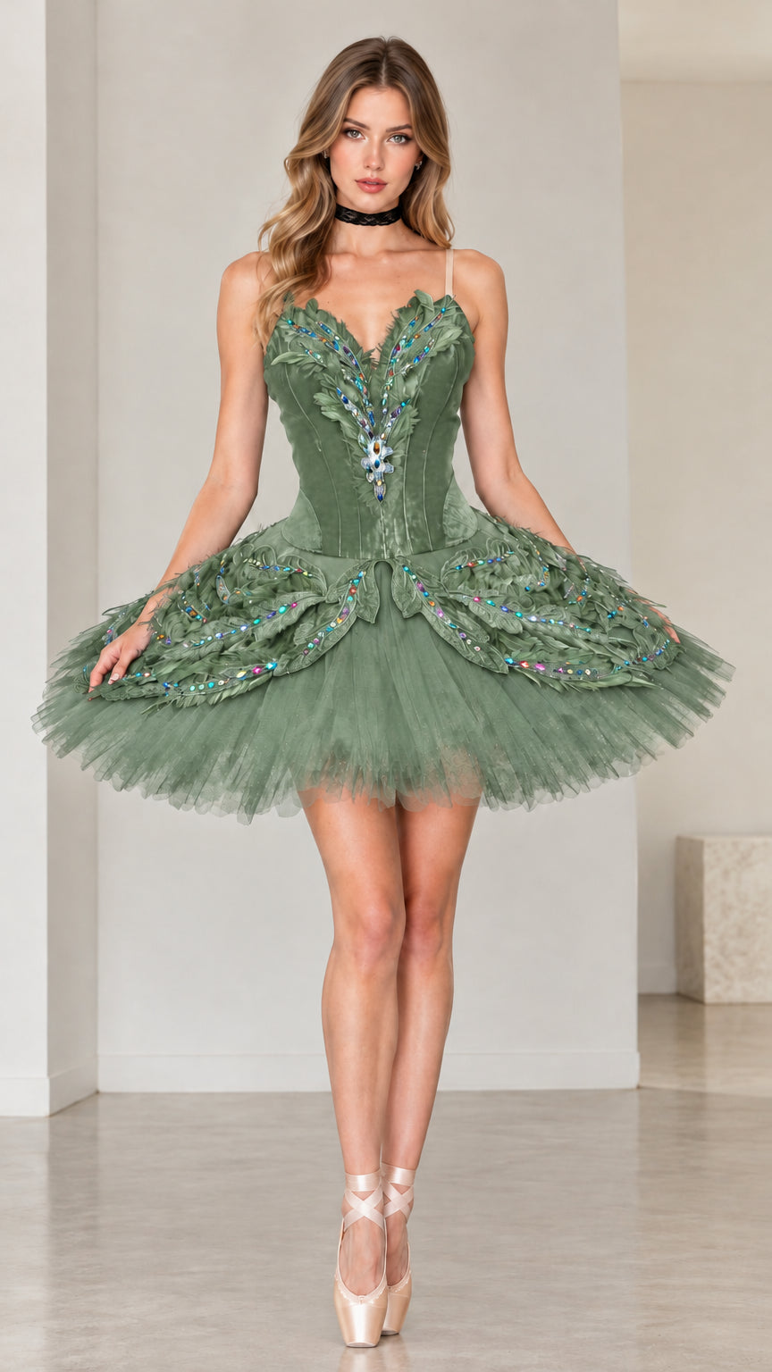 Sage green velvet corset ballet tutu dress with iridescent sequin details