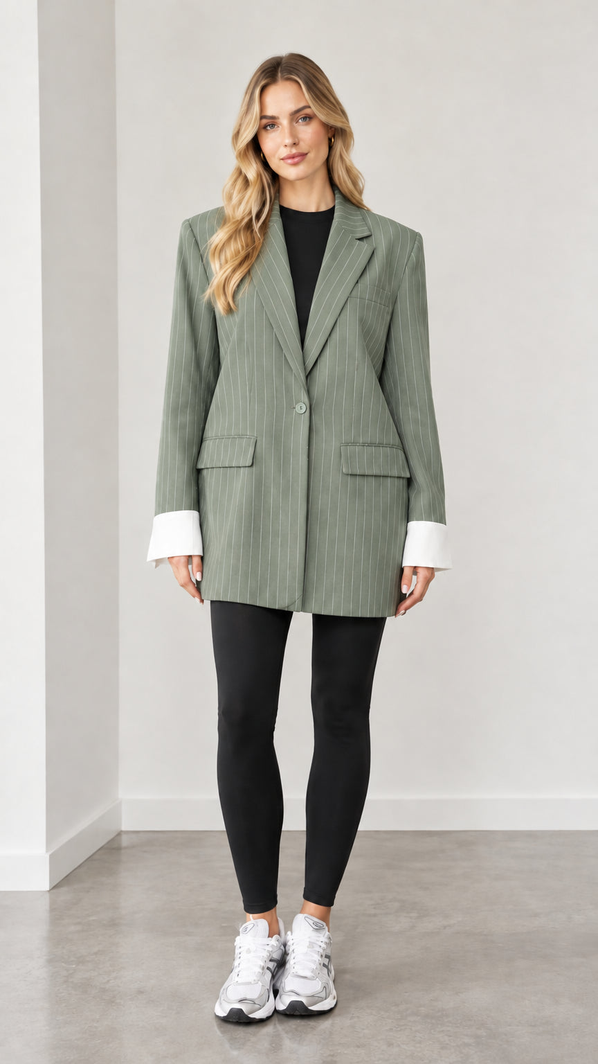 Front view of woman wearing sage green pinstripe oversized blazer with white cuffs