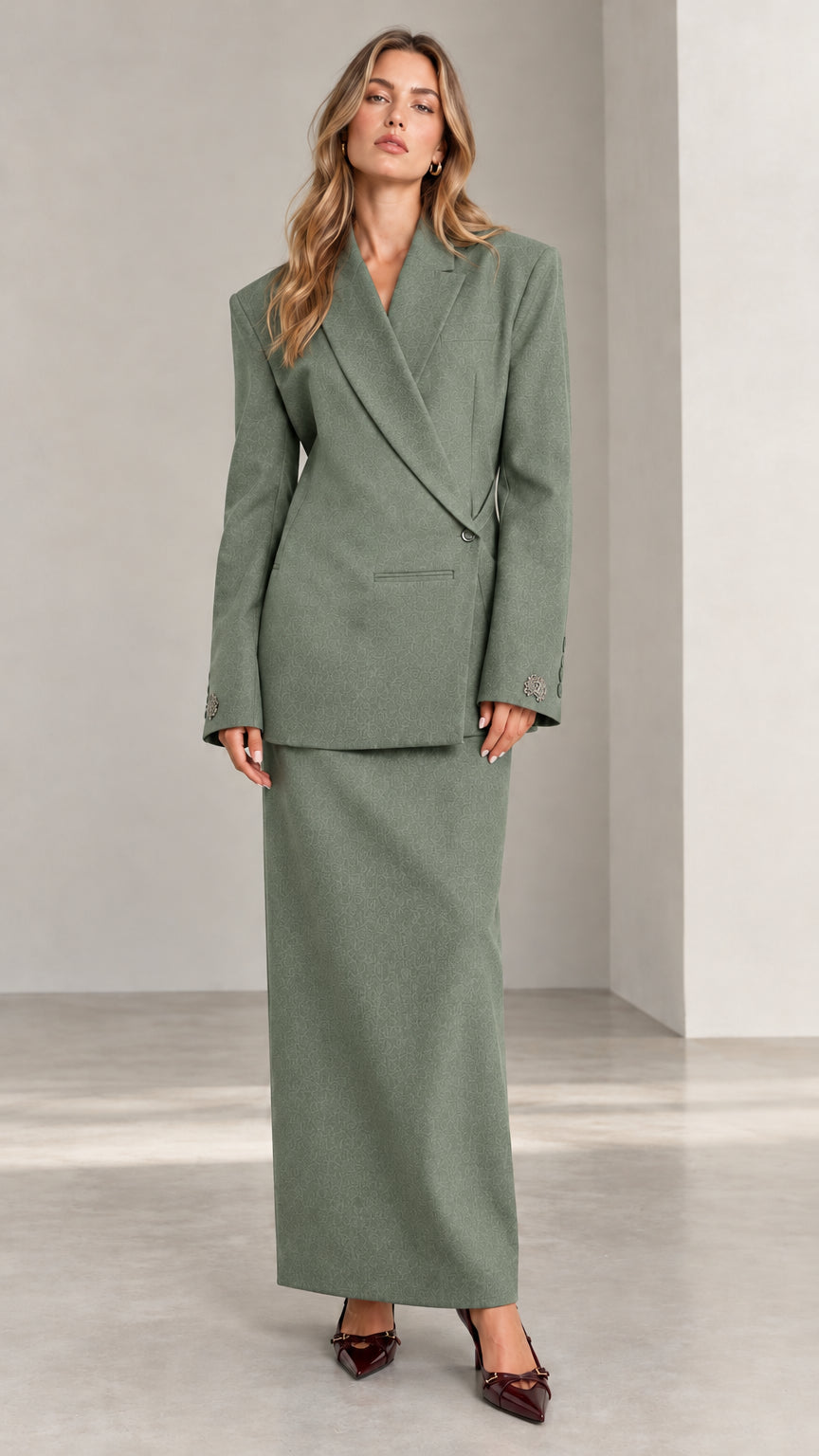 Full front view of Sage Green tailored wrap blazer and maxi skirt two-piece set