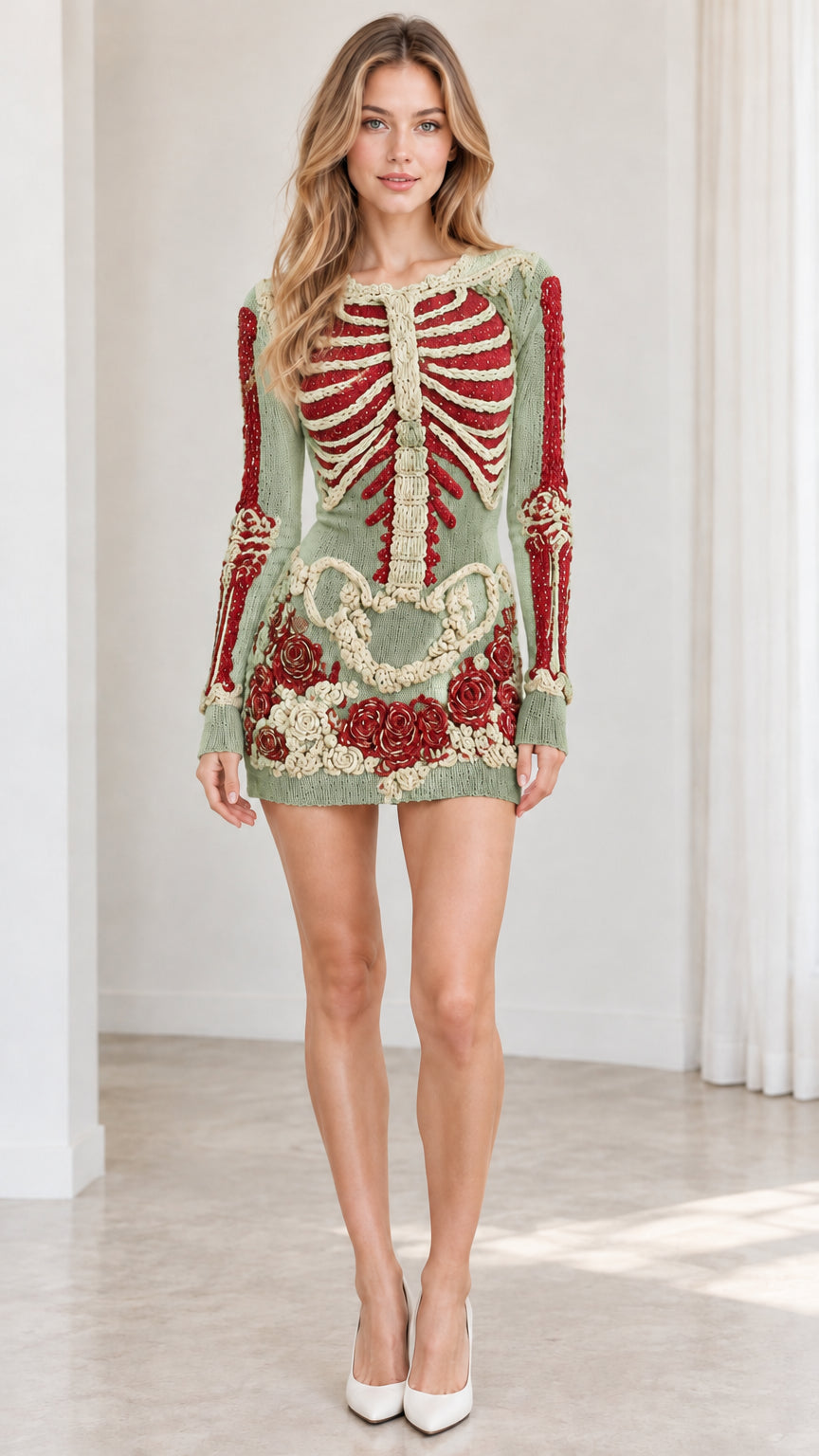 Model wearing sage green colorway of the embroidered skeleton and rose knit long sleeve mini dress