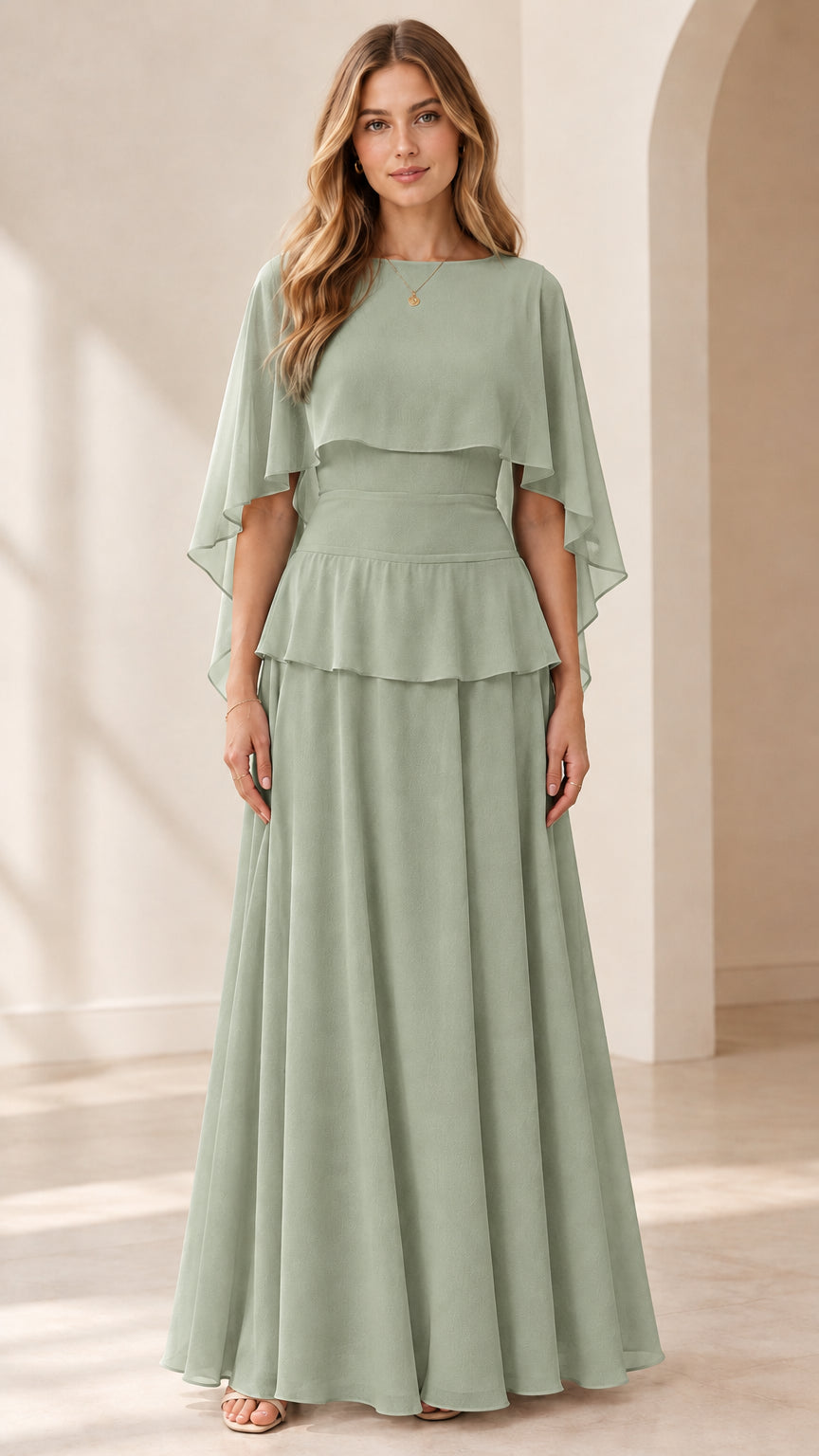 Full front view of sage green capelet tiered chiffon maxi evening gown