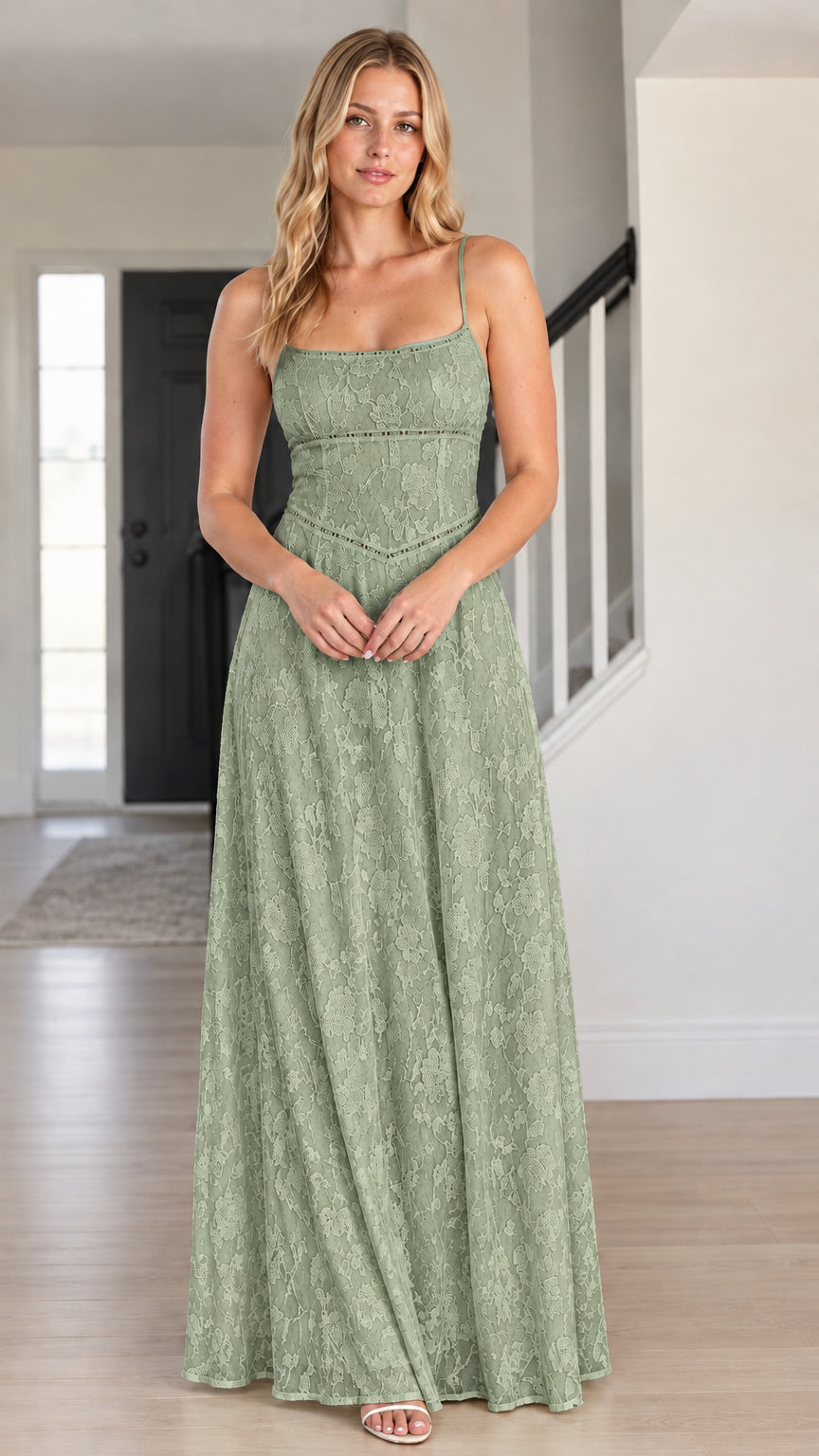 Front view of woman wearing sage green floral lace spaghetti strap maxi dress