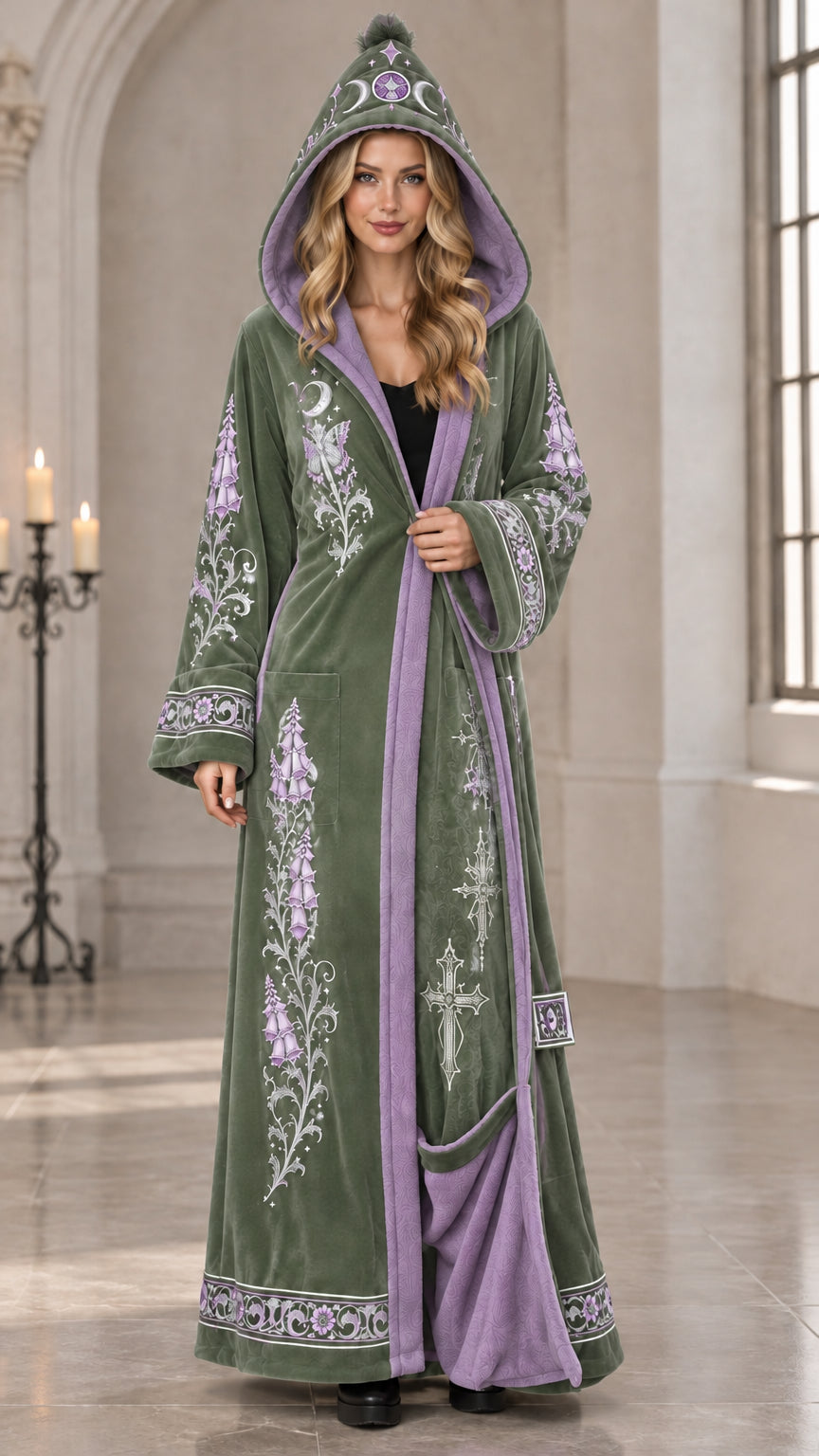 Sage green embroidered hooded velvet maxi robe with purple lining
