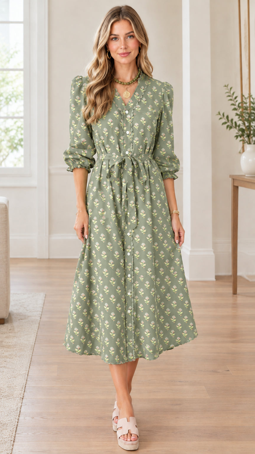 Full front view of model wearing sage green floral print button-front midi dress