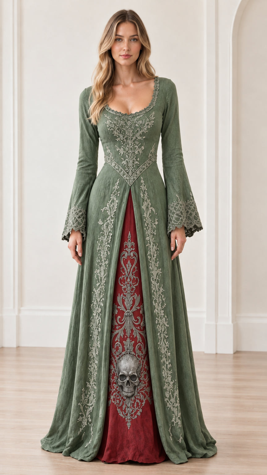 Front full-length view of woman wearing sage green medieval maxi gown with red embroidered panel