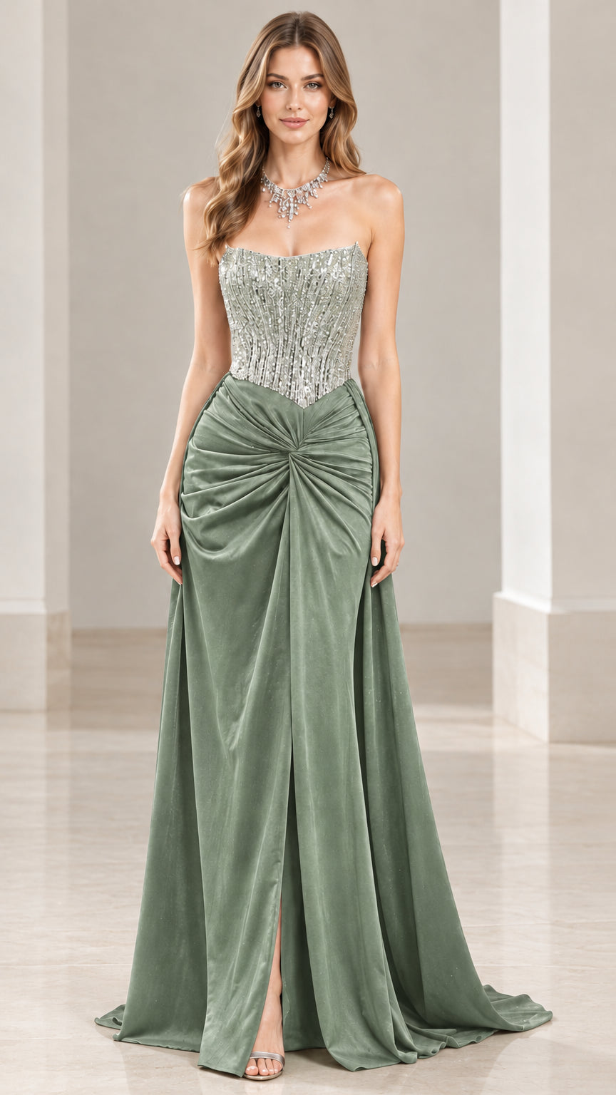 Sage green strapless formal gown with embellished corset and gathered skirt
