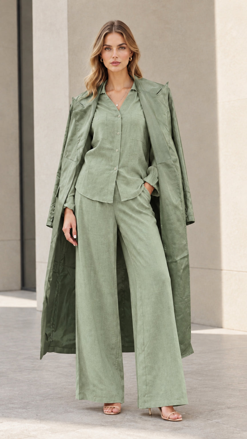 Model wearing sage green 3-piece longline coat, shirt, and wide-leg pants set