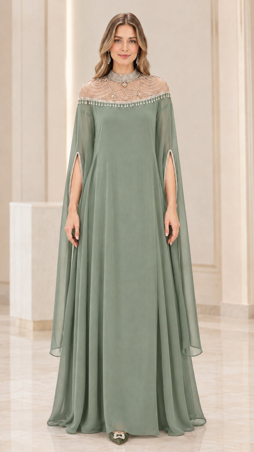 Front view of sage green split sleeve illusion neck evening maxi dress