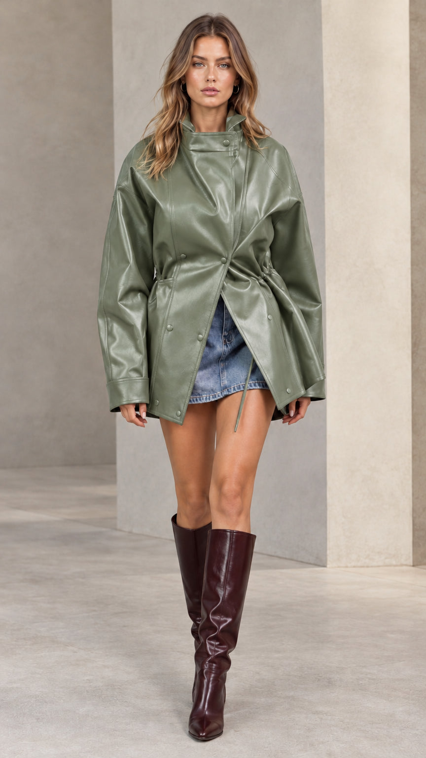 Front view of sage green faux leather drawstring waist jacket with high stand collar