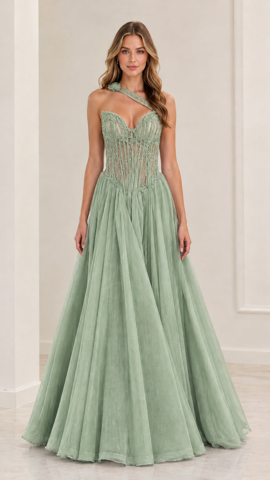 Sage green one-shoulder corset bodice formal evening gown