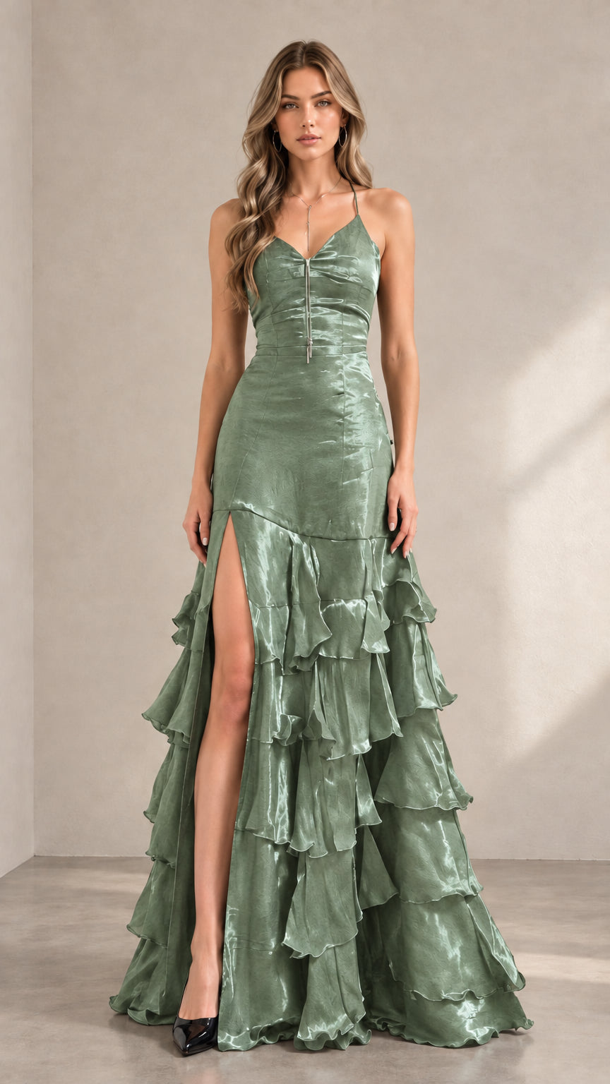 Front view of woman wearing sage green shimmering tiered ruffle evening dress with side slit