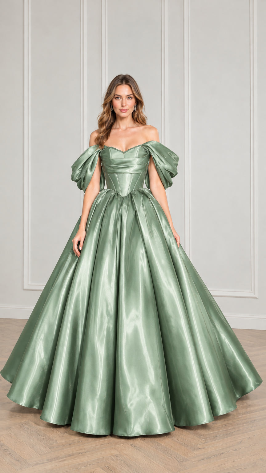 Front view of sage green satin off-the-shoulder ball gown with corset bodice