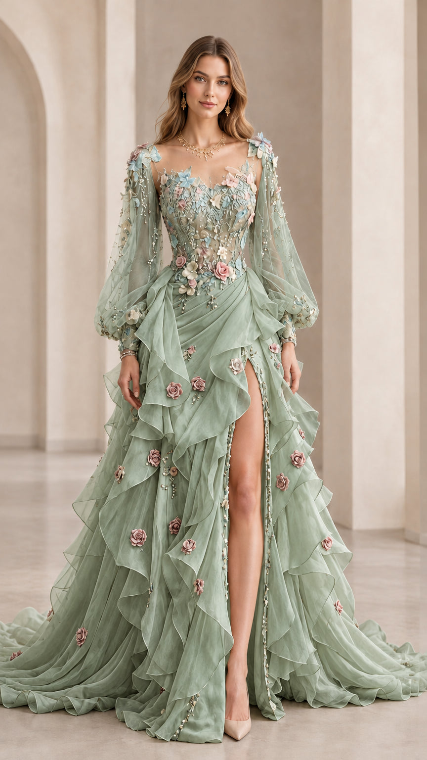 Full front view of sage green floral embroidered formal dress with side slit