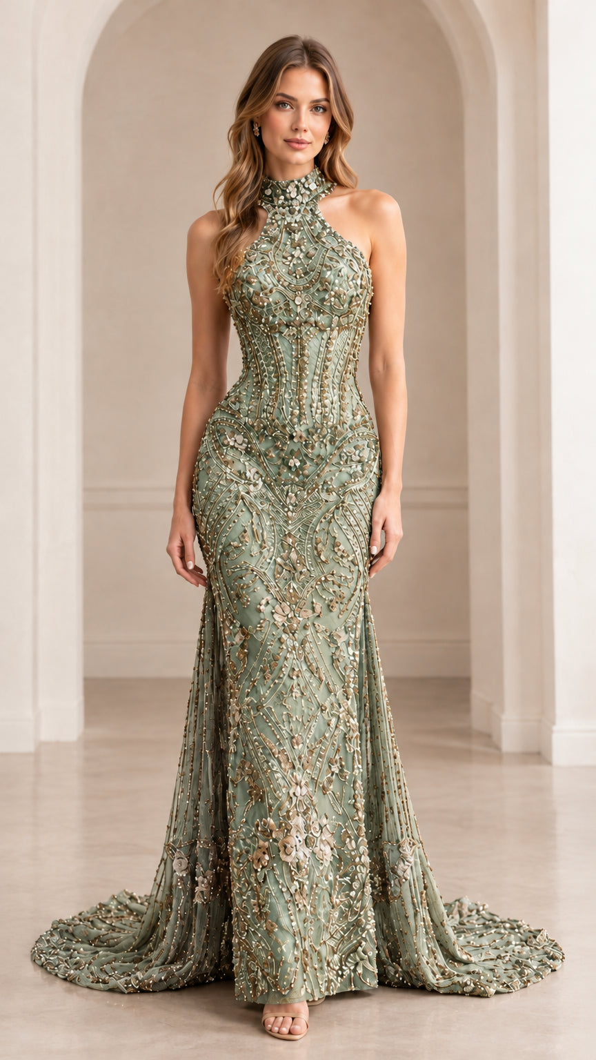 Front view of sage green beaded halter mermaid evening gown
