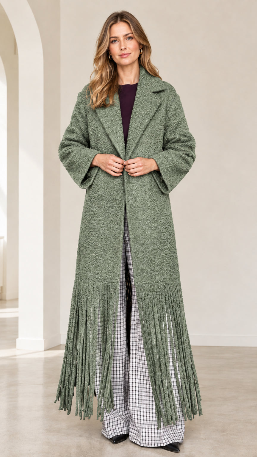 Front view of sage green textured bouclé maxi coat with fringe trim