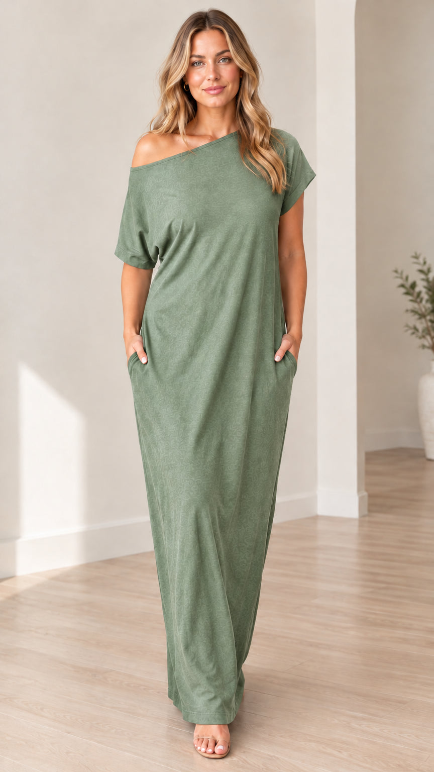 Front view of woman wearing sage green off-shoulder short sleeve maxi dress with pockets