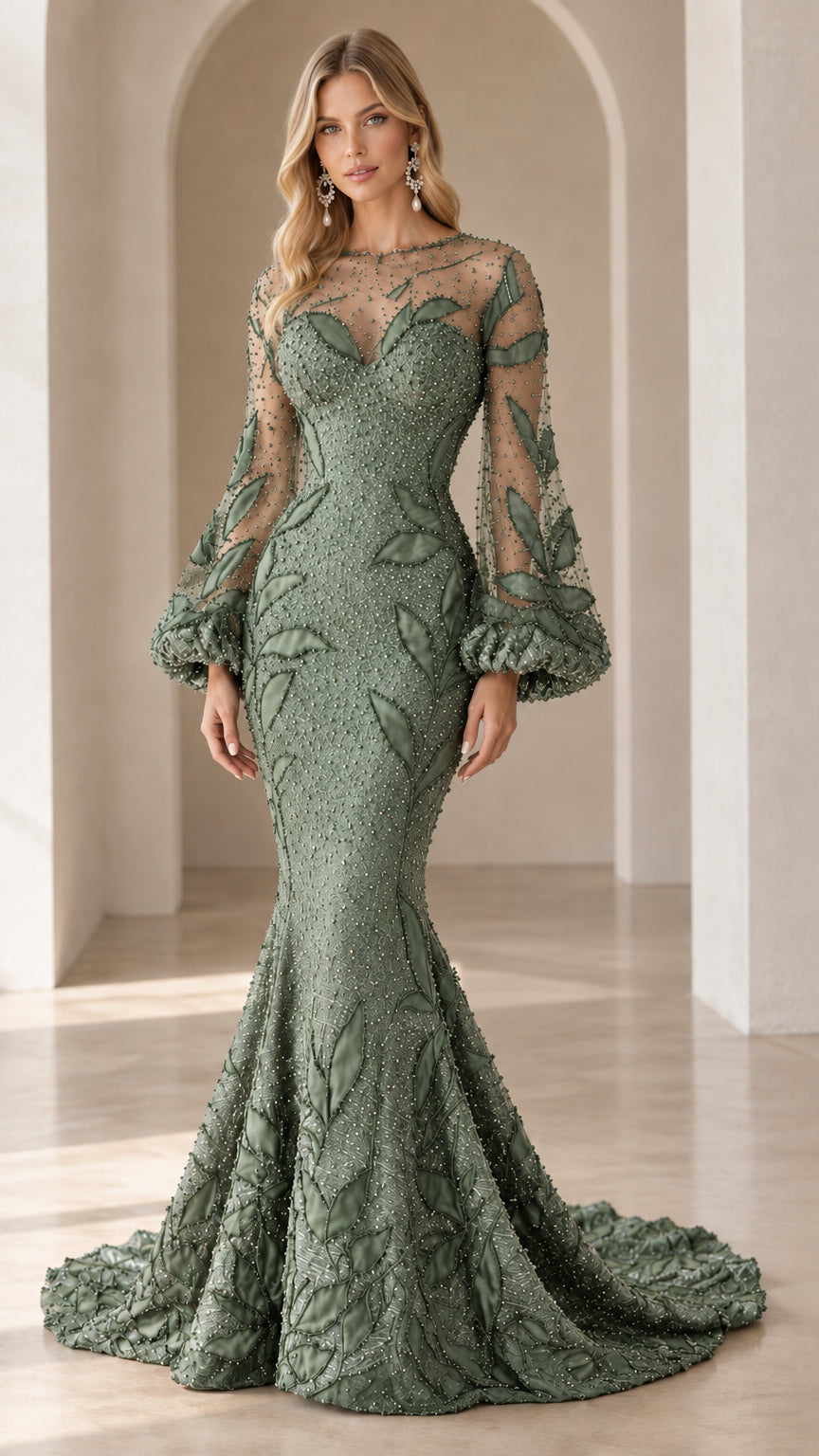 Front view of sage green beaded mermaid evening dress featuring sheer illusion bodice and bishop sleeves