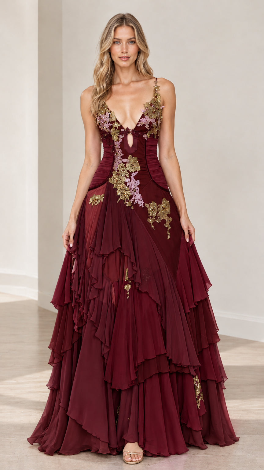 Front full-length view of model in burgundy tiered ruffle maxi evening dress with gold lace applique