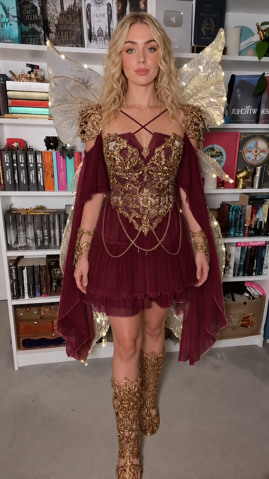 Model wearing burgundy fairy corset mini dress with flowing flutter sleeves