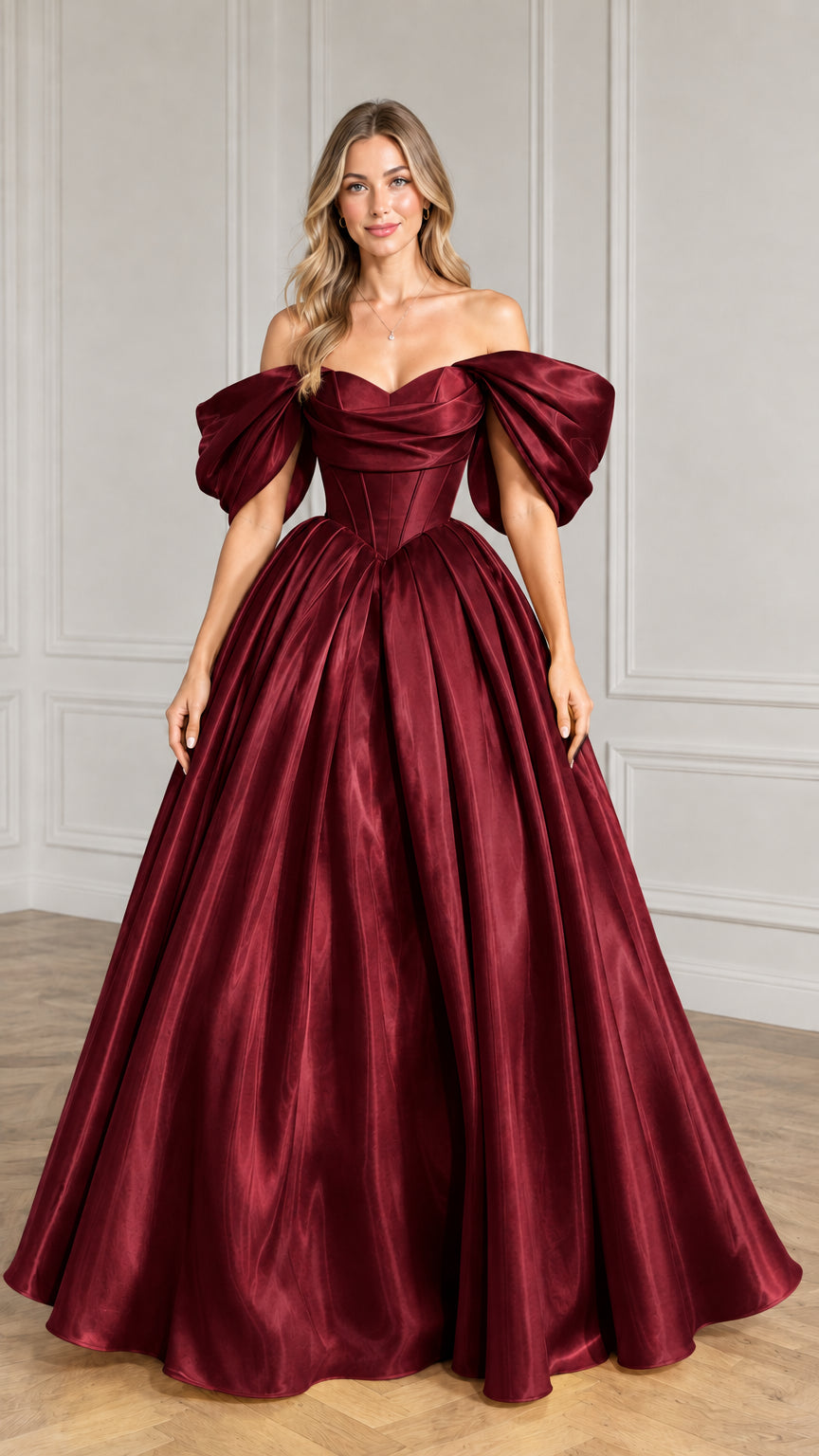 Front view of the burgundy wine off-the-shoulder corset ball gown maxi evening dress