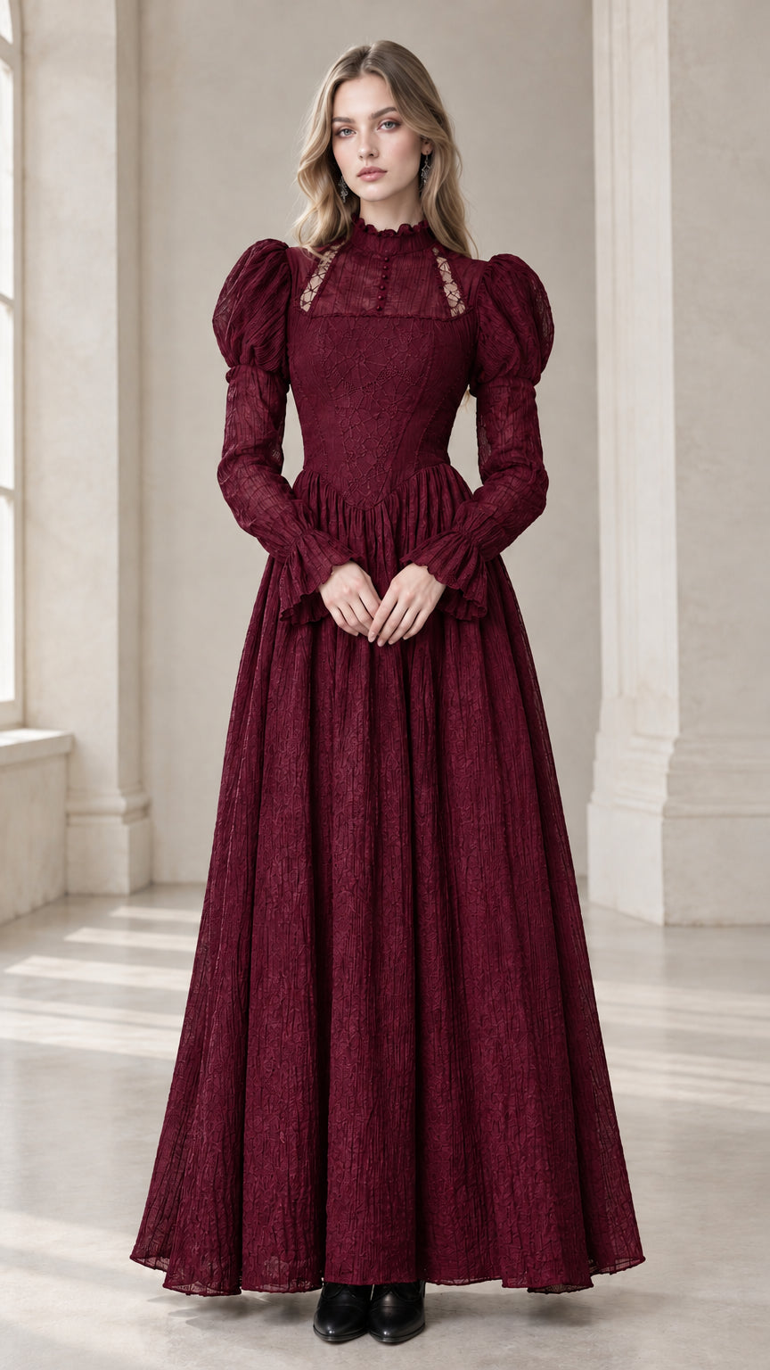 Burgundy wine red Victorian mock neck puff sleeve lace maxi dress