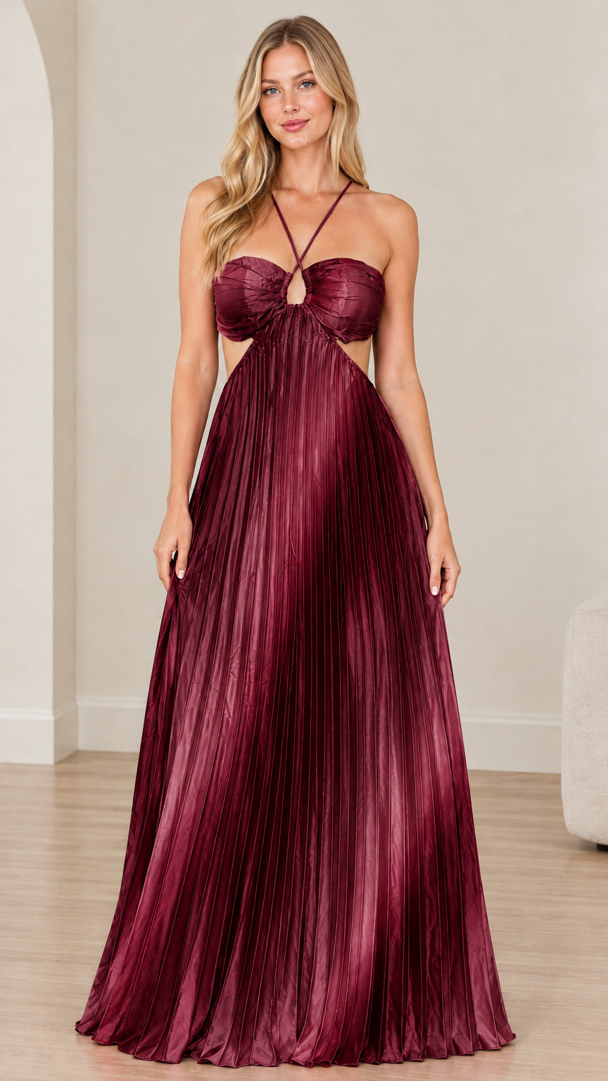 Front view of model wearing burgundy red pleated halter cutout maxi dress