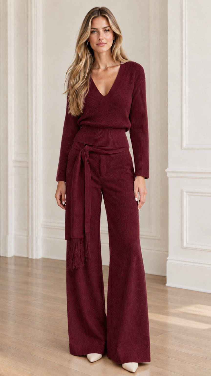 Model wearing burgundy V-neck ribbed top and wide-leg pant set with fringe sash