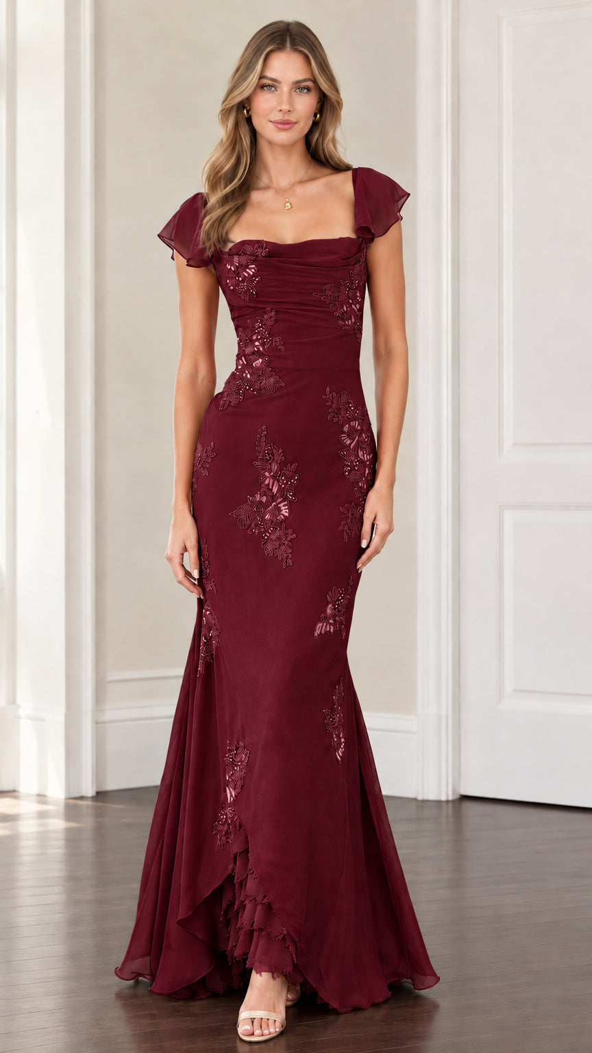 Model wearing burgundy flutter sleeve mermaid evening gown with ruched neckline