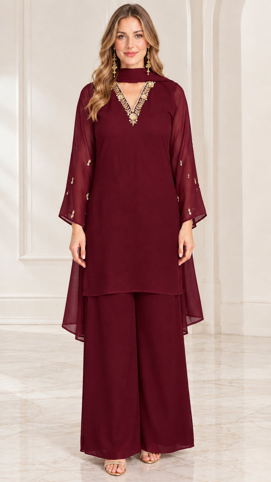 Full-length front view of burgundy wine embroidered chiffon tunic top and wide-leg pants set