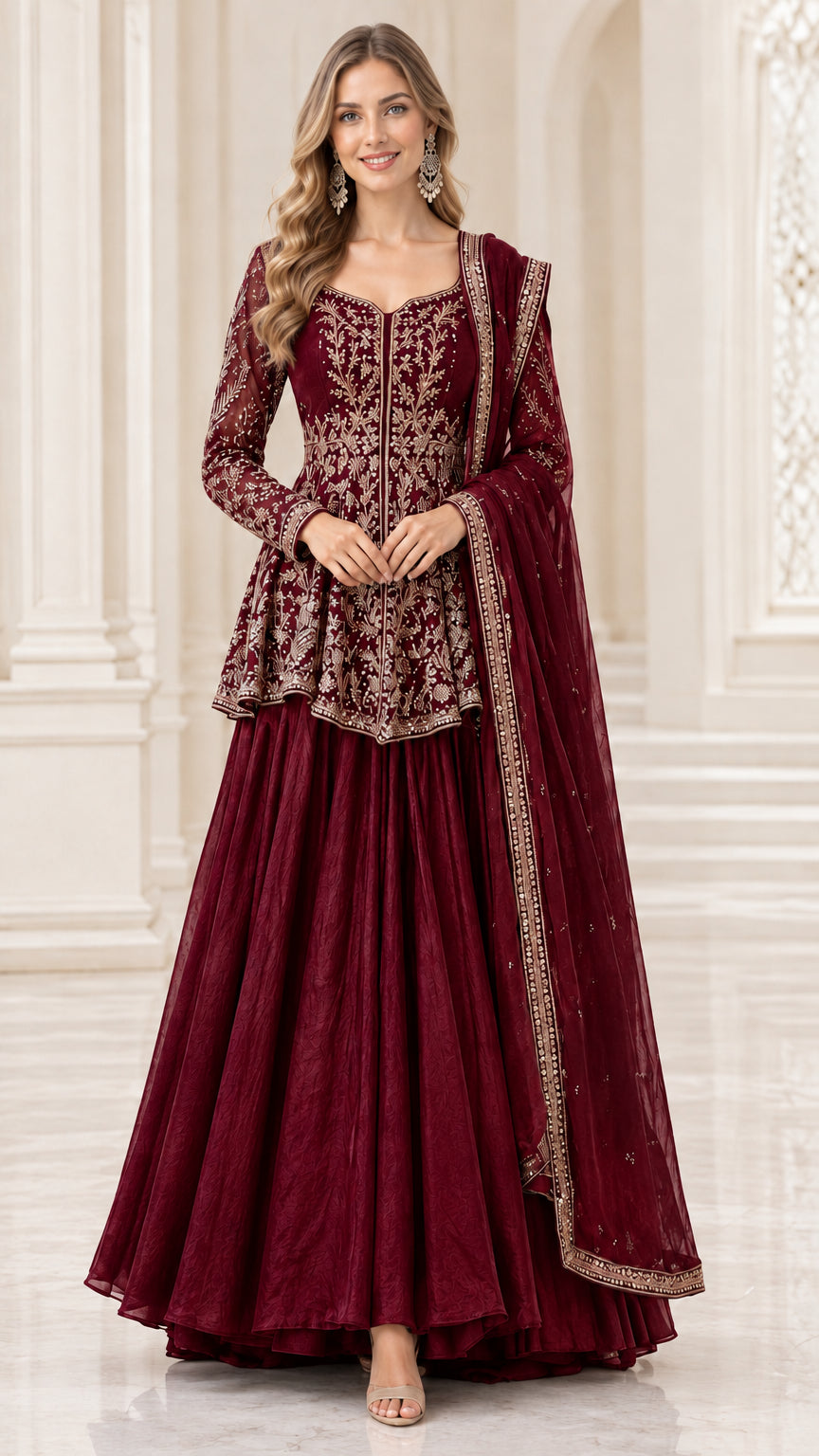 Model wearing burgundy wine embroidered peplum top and maxi skirt set with dupatta