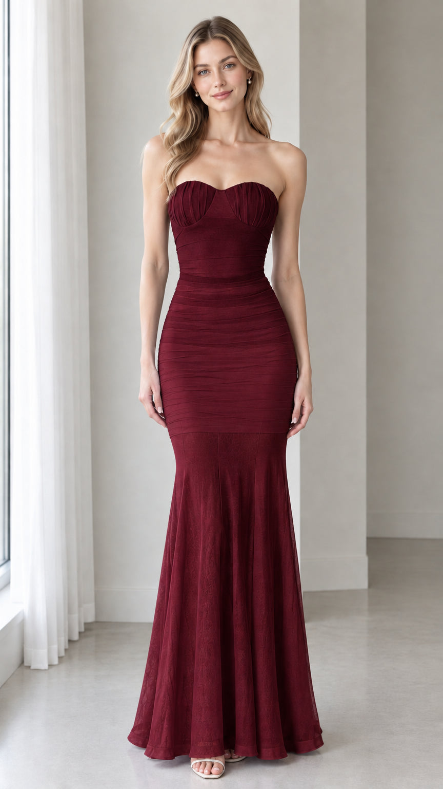Front full-length view of model wearing the Burgundy wine red strapless mermaid evening gown