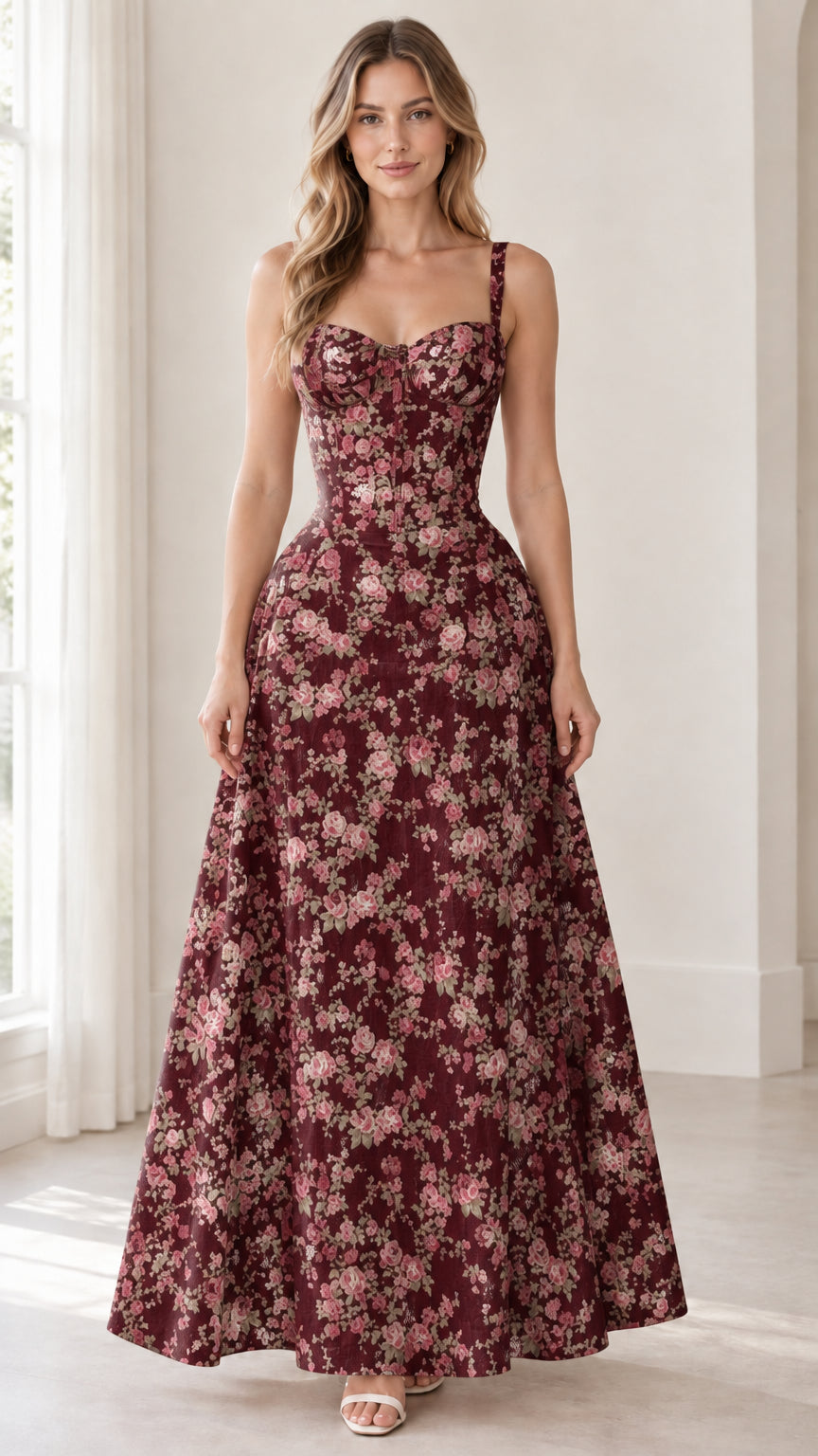 Front view of model wearing burgundy floral print corset maxi dress