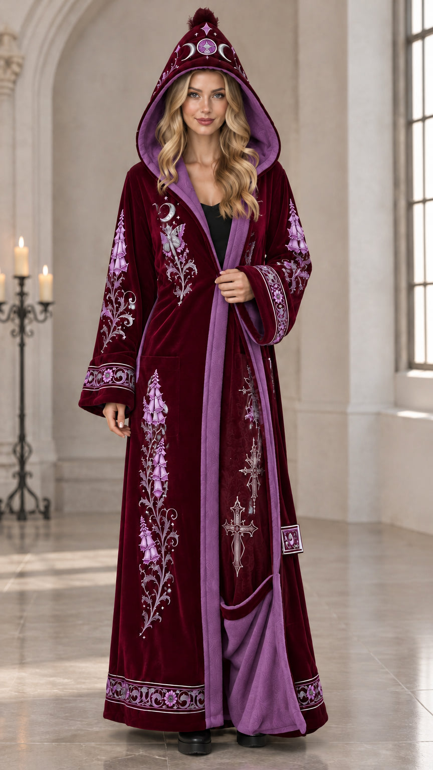 Burgundy wine red embroidered hooded velvet maxi robe with purple lining