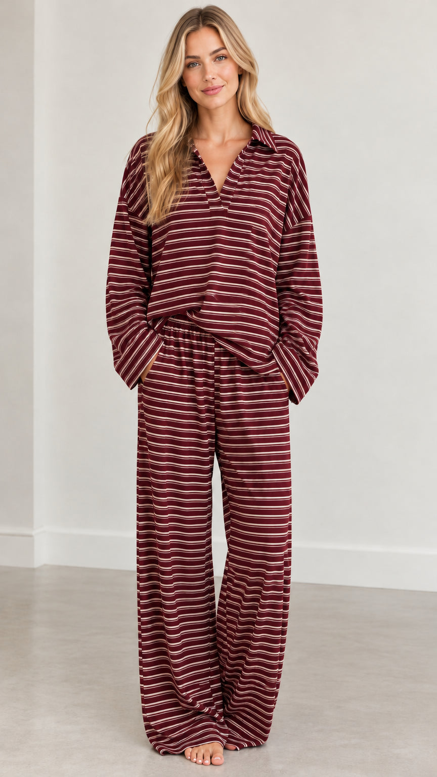 Front view of burgundy red and white striped two-piece loungewear set